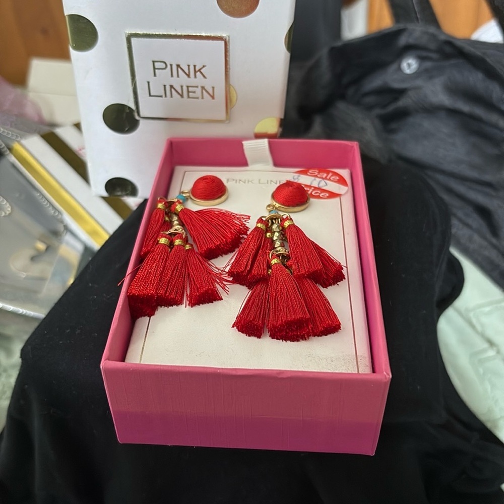 Pink Linen Red Tassel Earrings
